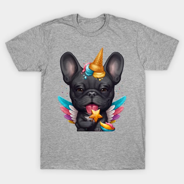 Black French Bulldog Ice Cream Unicorn T-Shirt by stonemask